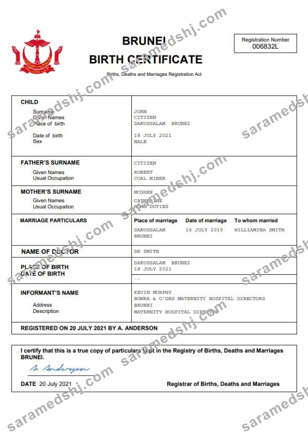Brunei vital record birth certificate Word and PDF template